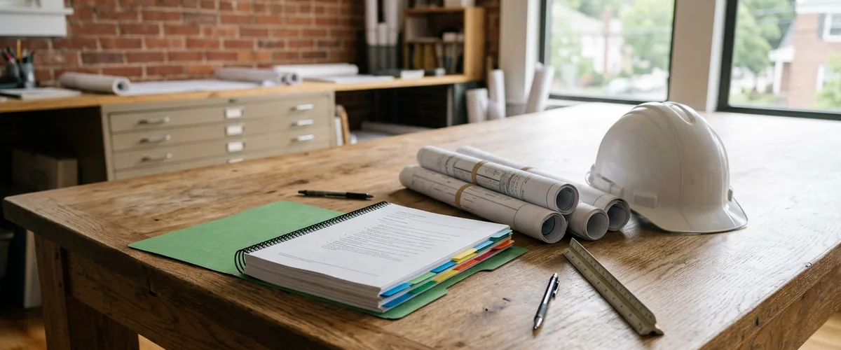 Tabbed municipal proposal document beside rolled architectural drawings, an engineer's scale, and a white hard hat on a wooden studio table