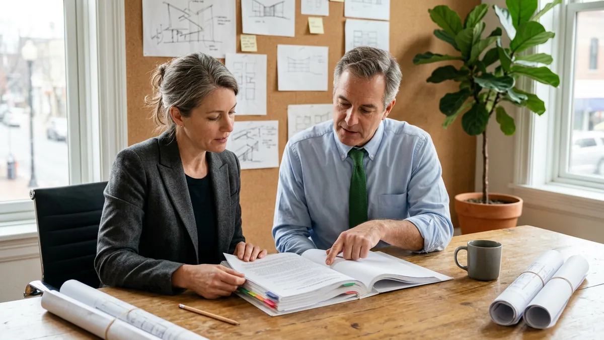 Two architecture and engineering firm principals reading a tabbed municipal contract together at a meeting table