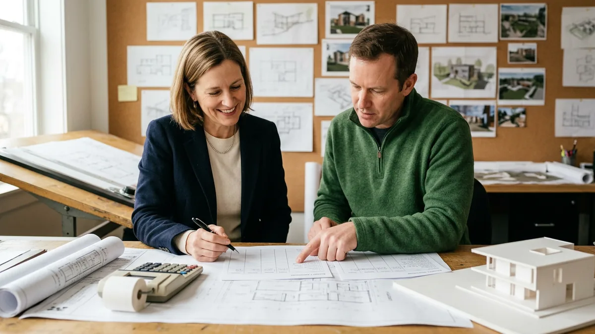 Architecture firm principal and IT consultant reviewing a printed IT cost worksheet beside blueprints and a building model