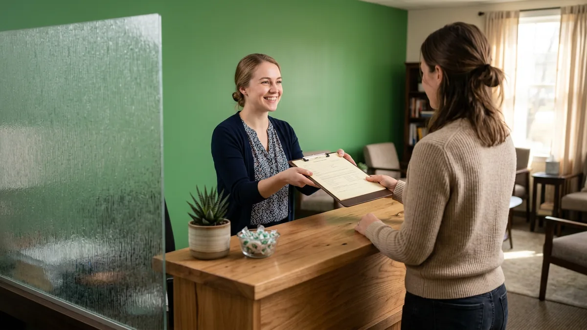 Receptionist handing paper intake forms across the front desk of a behavioral health group practice beside a frosted privacy partition