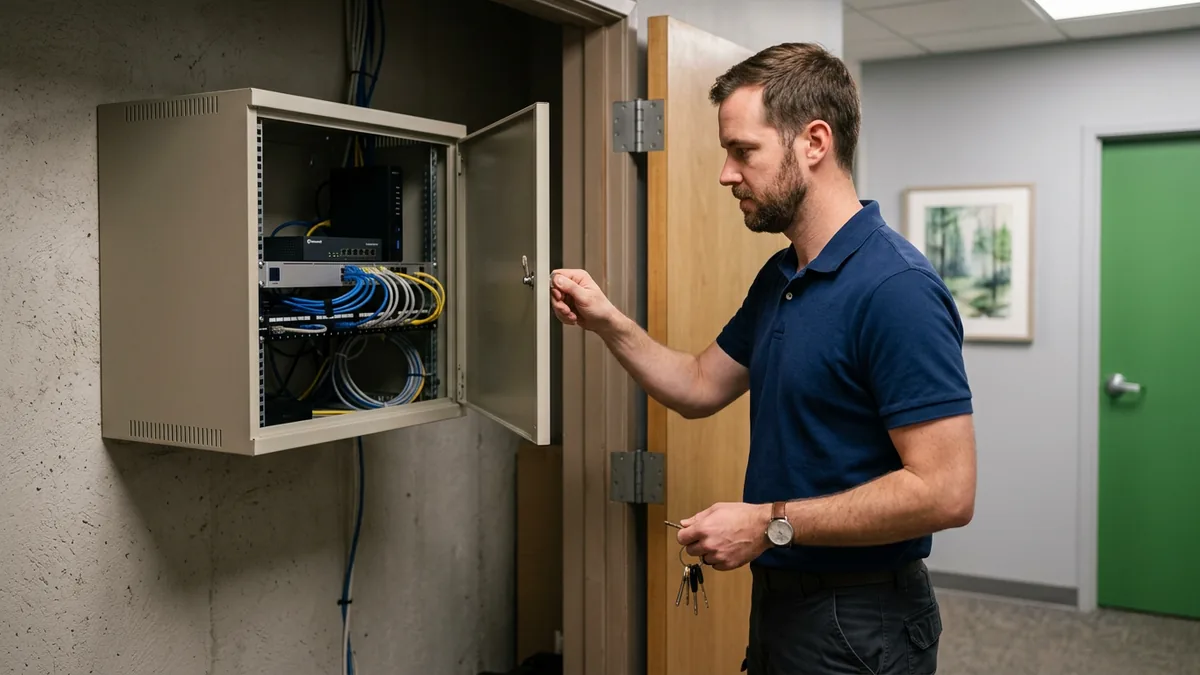 IT technician locking a wall-mounted network cabinet holding the firewall and switch in a behavioral health clinic utility closet