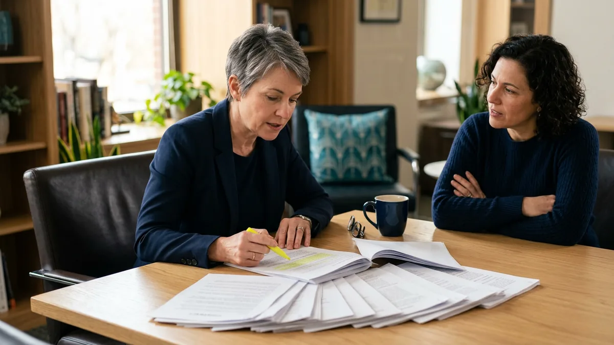 Business owner highlighting a printed managed IT service agreement while a colleague listens across the table