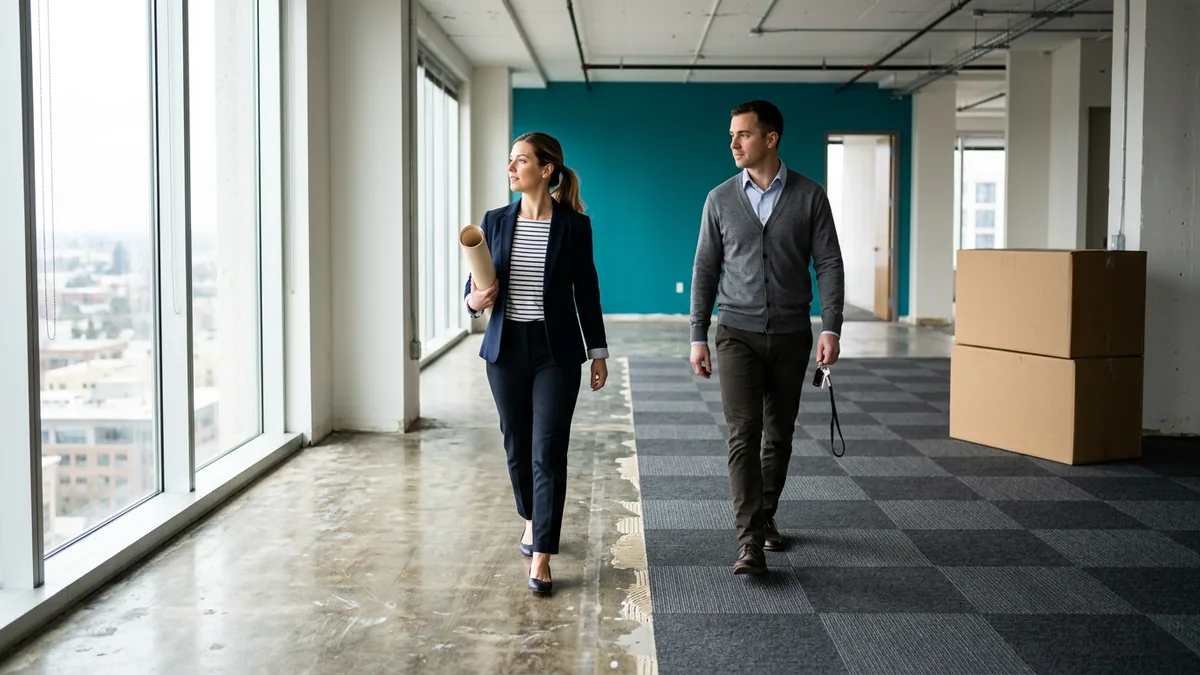 Two colleagues walking through a half-furnished second office location carrying building keys and a rolled floor plan