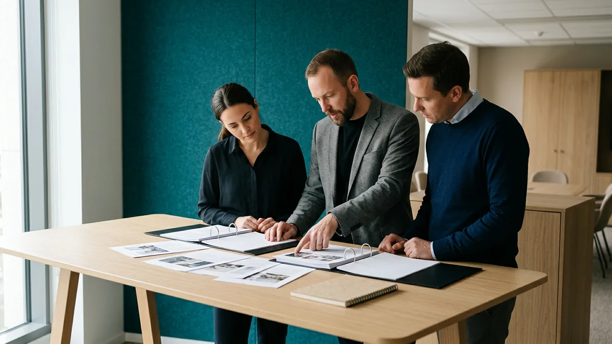 Three professionals reviewing printed IT planning documents around a standing-height table