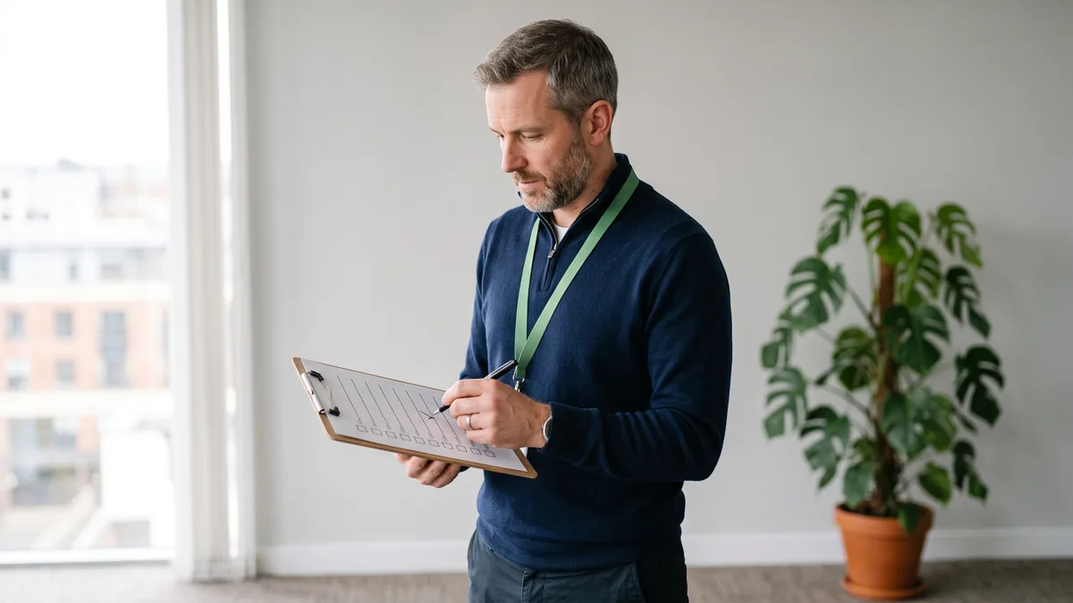 IT consultant ticking items on a printed checklist while fixing business email that lands in spam