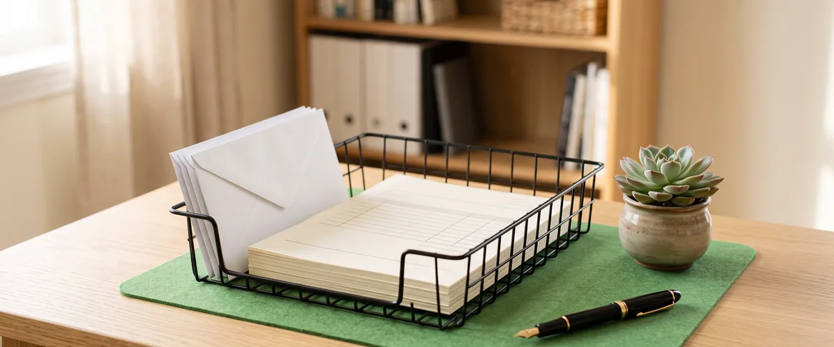 Wire outbox tray holding printed invoices and envelopes on a small-business desk