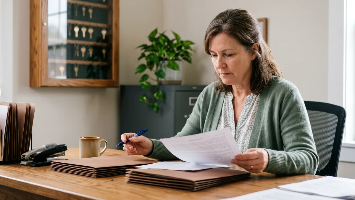 Office manager at a property management company sorting printed tenant invoices into folders at her desk