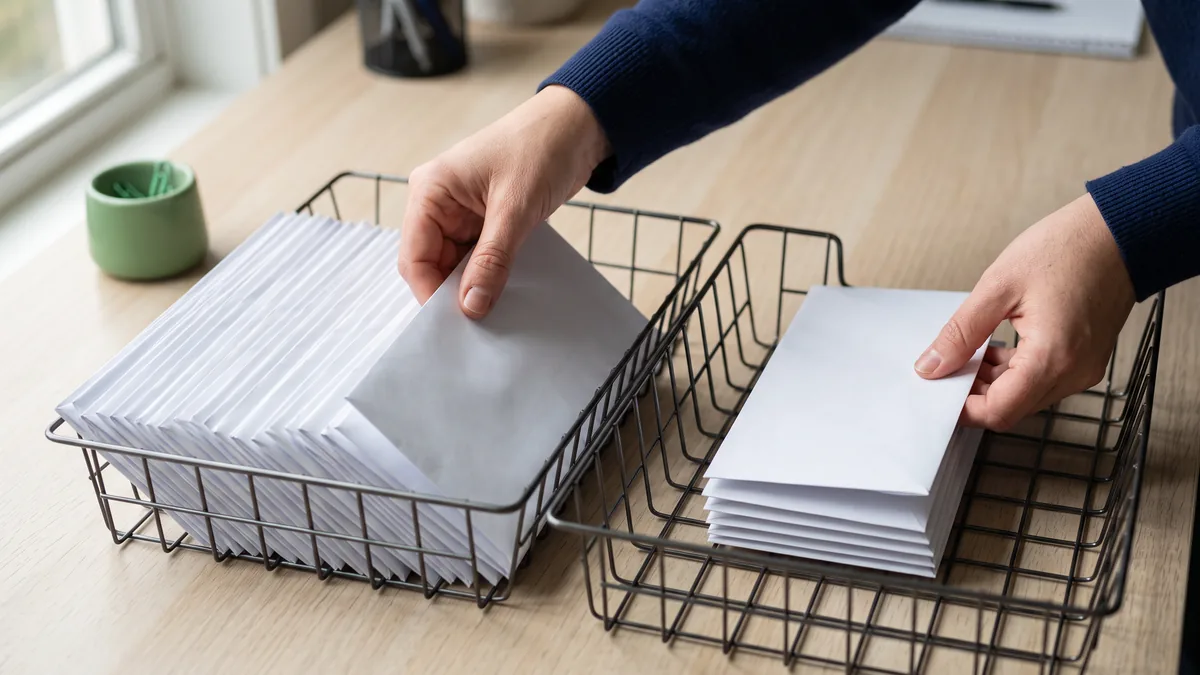 Hands sorting sealed business envelopes into two wire trays, illustrating how email filters sort business mail