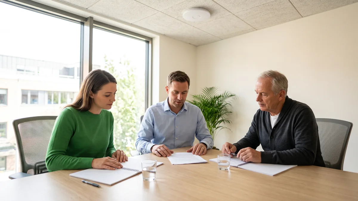 Colleagues meeting in a small office conference room with a ceiling-mounted business Wi-Fi access point overhead