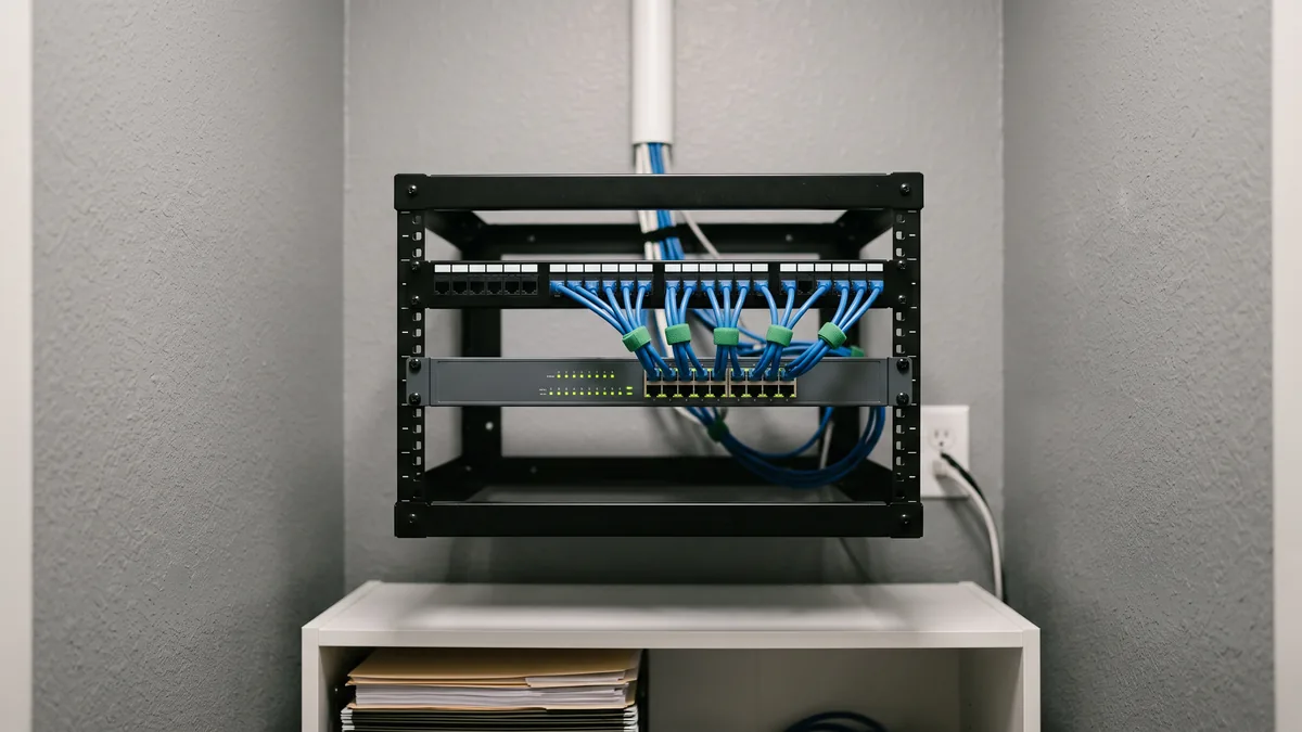 Wall-mounted network rack with a patch panel and a power over ethernet switch powering business Wi-Fi access points in an office closet