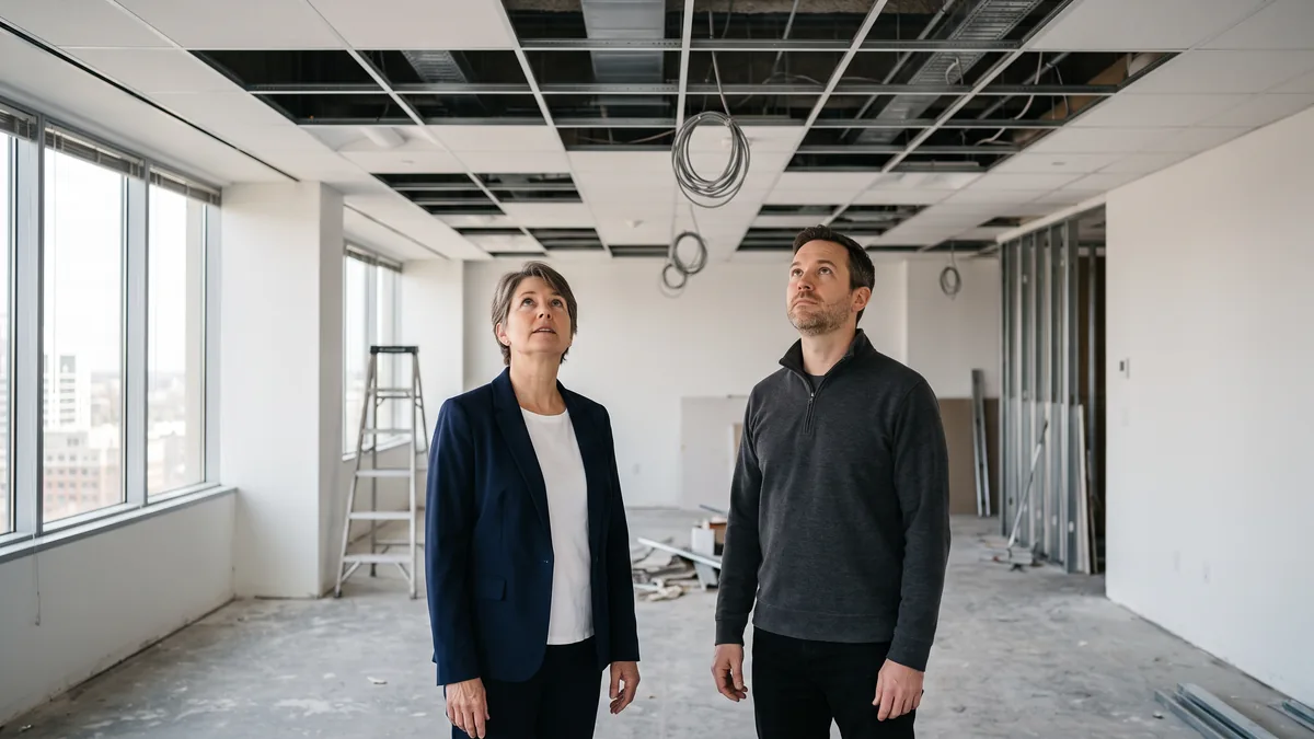Business owner and IT engineer looking up at an open ceiling grid during a Wi-Fi site survey walkthrough of an empty office suite