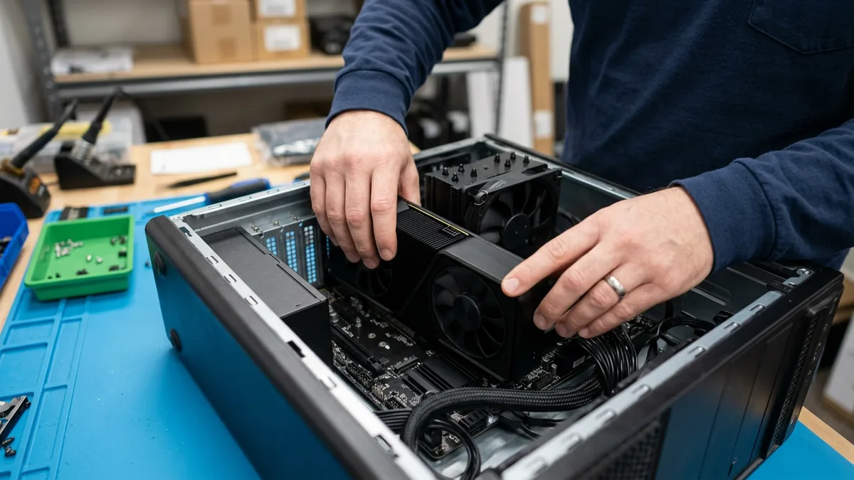 IT technician seating a professional graphics card into an open CAD workstation tower on a workbench
