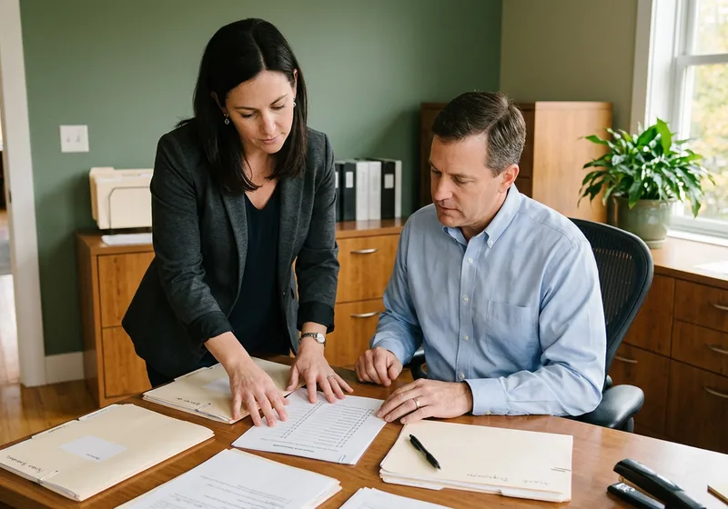 Internal IT staffer and a VJNetworks engineer reviewing a printed security checklist and client folders in an accounting firm office