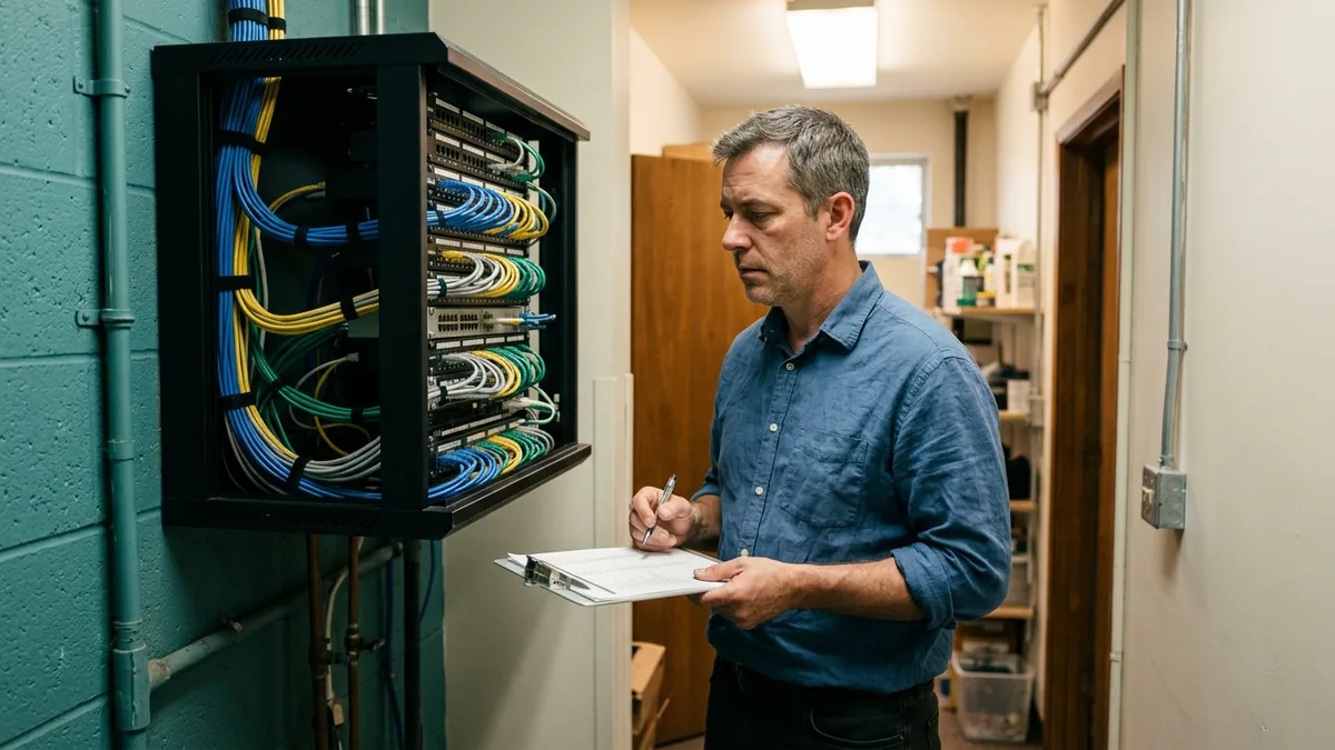 Internal IT technician with a clipboard checking a wall-mounted network cabinet in a small office utility room