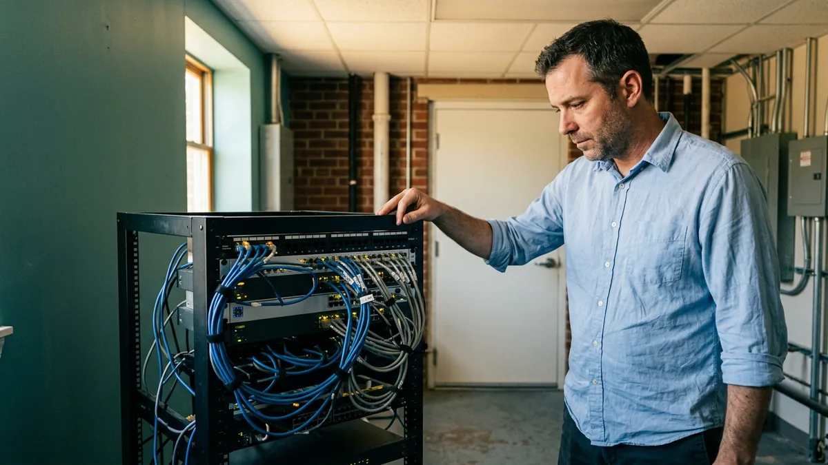 Internal IT manager checking cabling on a small server rack in a suburban New York office