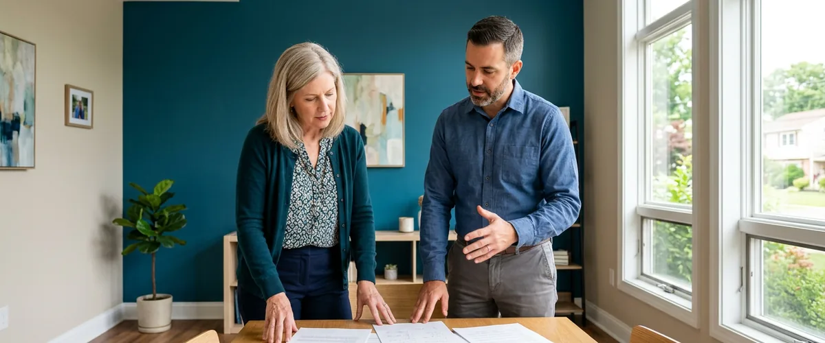 Business owner and adviser comparing co-managed IT and fully managed IT on printed documents at an office table