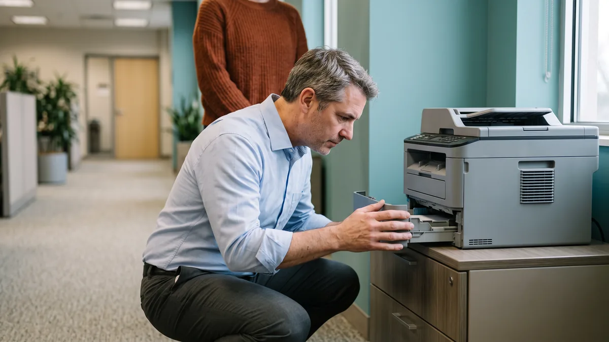 Technician kneeling to troubleshoot a shared office printer, the second most common IT support call