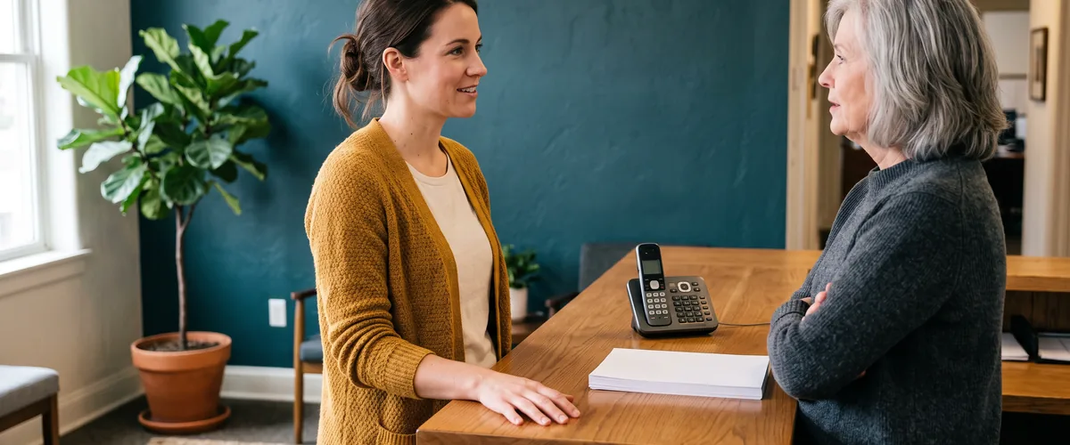 Office manager raising a routine IT support issue at the front desk of a small Rockland business