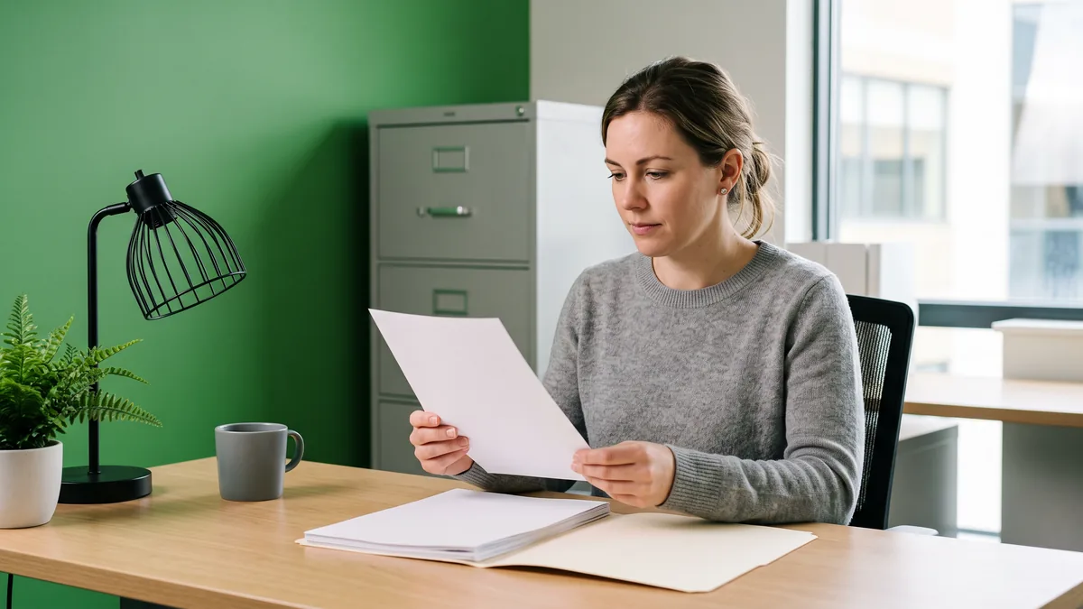 Accounts payable specialist comparing a printed invoice against a paper folder before approving a payment
