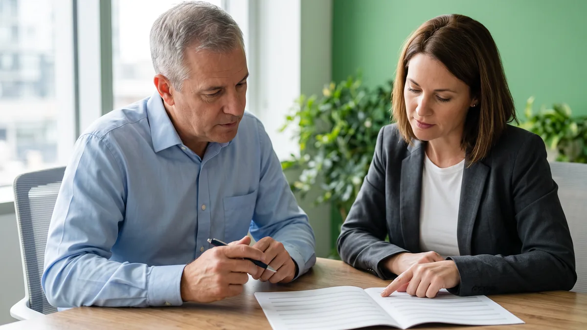 Small business owner and IT consultant reviewing printed pages about SPF, DKIM, and DMARC email authentication at a conference table