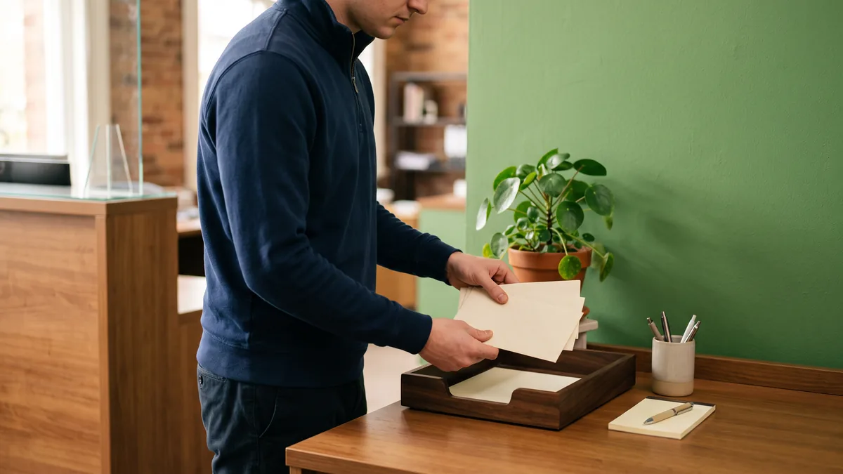 Office staff member placing blank envelopes into an outgoing mail tray at a small business front desk