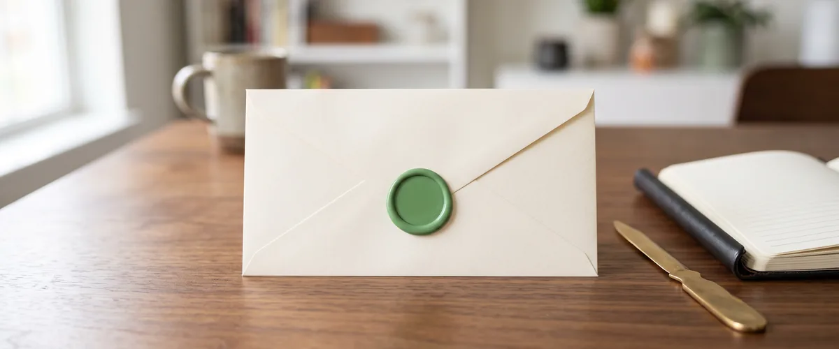Cream business envelope closed with a plain green wax seal on a walnut desk, representing email authentication