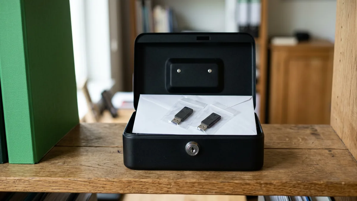 Open steel lockbox on an office shelf holding two hardware security keys in clear bags on a sealed envelope
