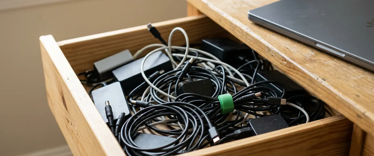 Open desk drawer overflowing with tangled, mismatched laptop chargers and power adapters beside a closed laptop