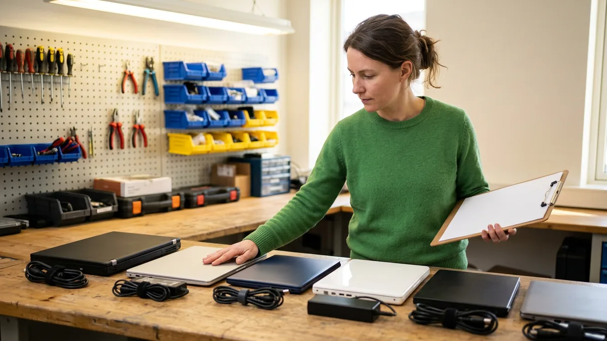 IT technician with a clipboard reviewing six different closed laptops and their mismatched chargers on a workbench