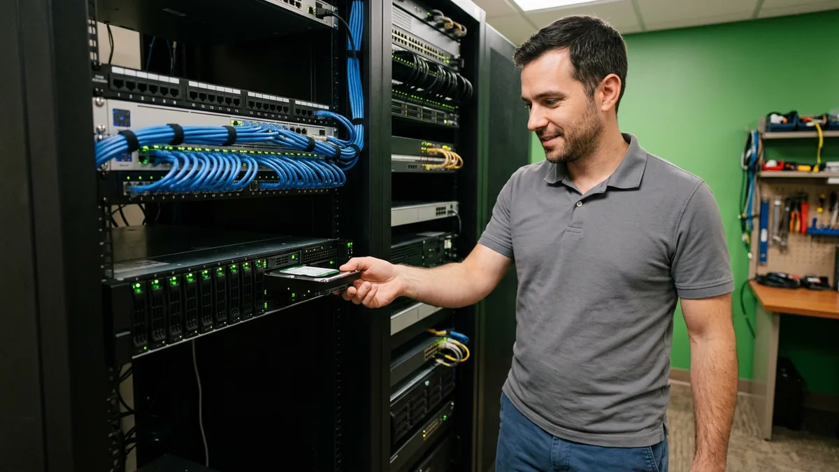 IT technician sliding a drive tray into a rack-mounted file server in a small engineering firm equipment room