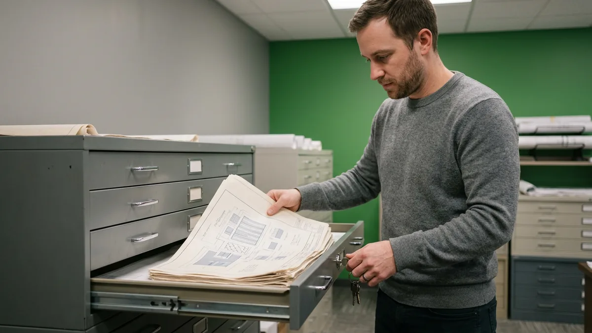 Engineer filing a set of water treatment facility drawings into a locked steel flat file drawer in a plan room