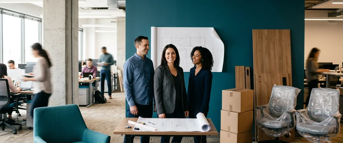 Business owner and two colleagues in an office mid-expansion with moving boxes and new desks, a sign a company has outgrown its IT provider