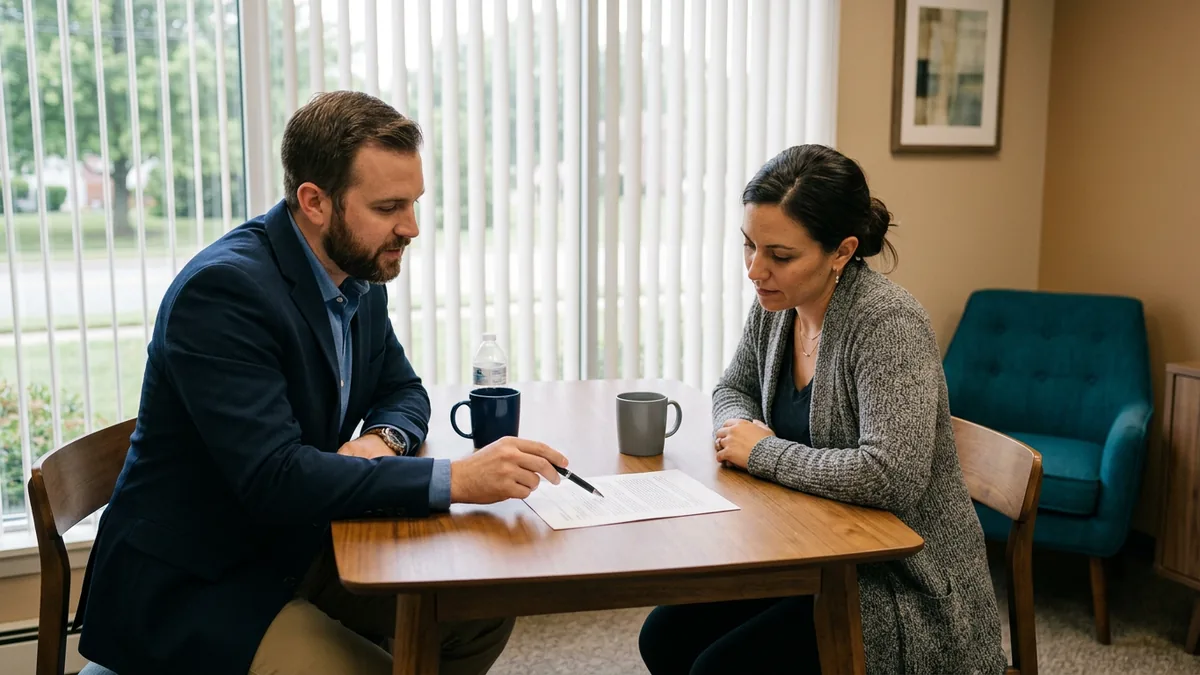 Business owner and outside IT consultant reviewing a printed document that splits IT responsibilities between the two teams