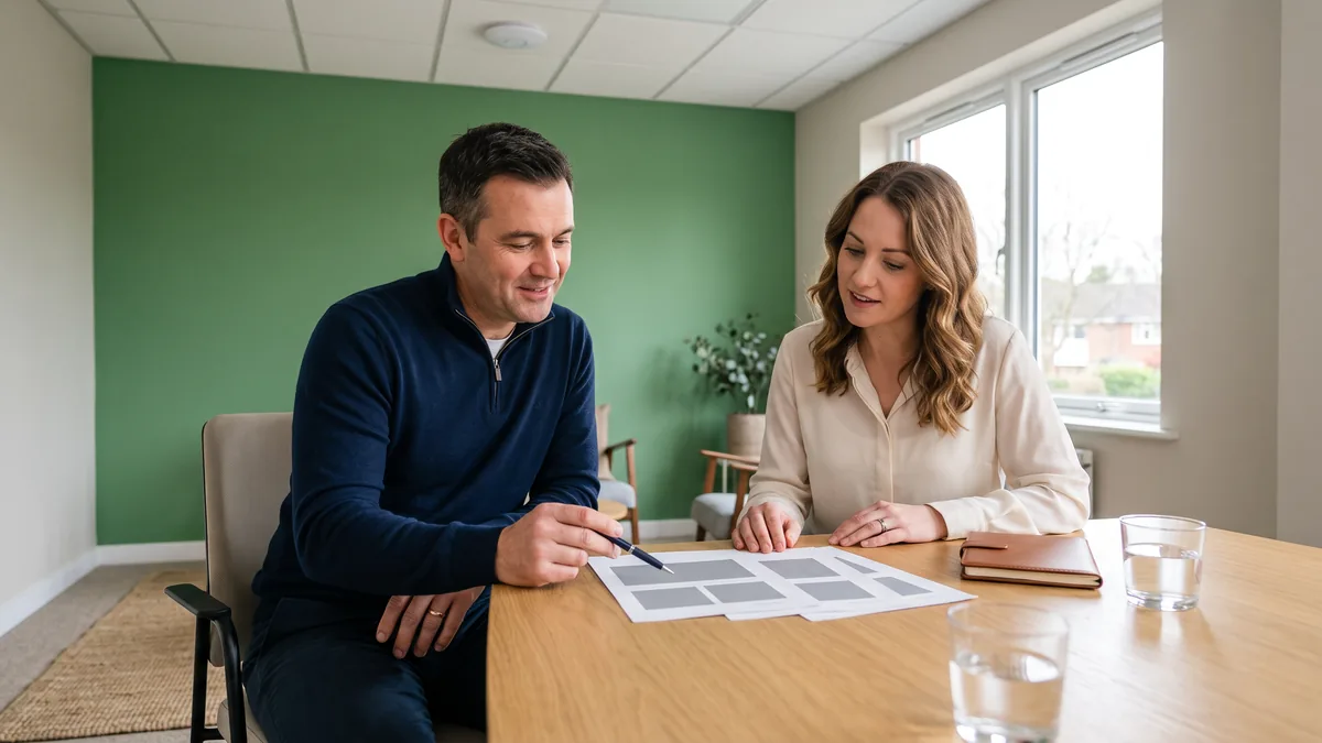 Visiting vendor and office manager reviewing printed proposal pages in a small office conference room