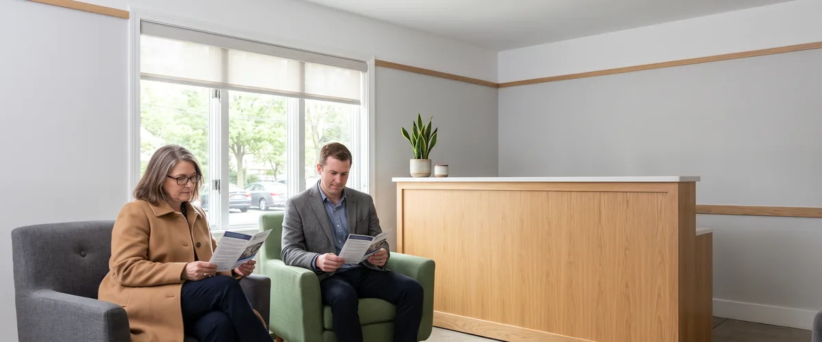 Two visitors reading brochures in the reception area of a small professional office with guest WiFi