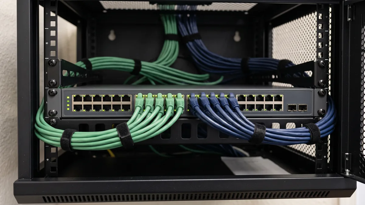 Network switch with separate green and blue patch cable groups illustrating separate guest and staff networks
