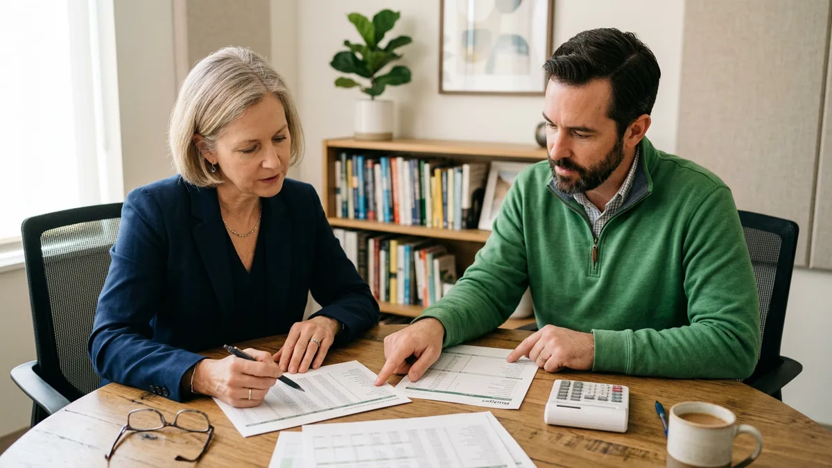 Behavioral health practice owner and IT consultant reviewing printed HIPAA-compliant IT cost worksheets at a table