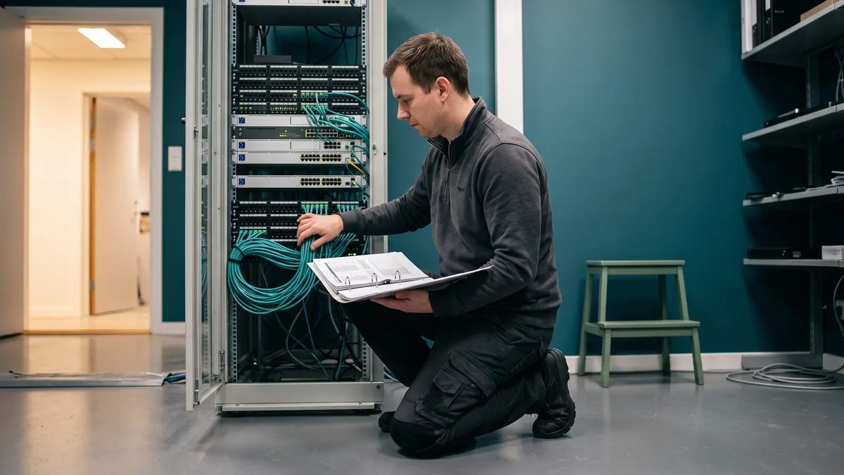 Technician kneeling at a network rack with an open documentation binder in a co-managed IT engagement