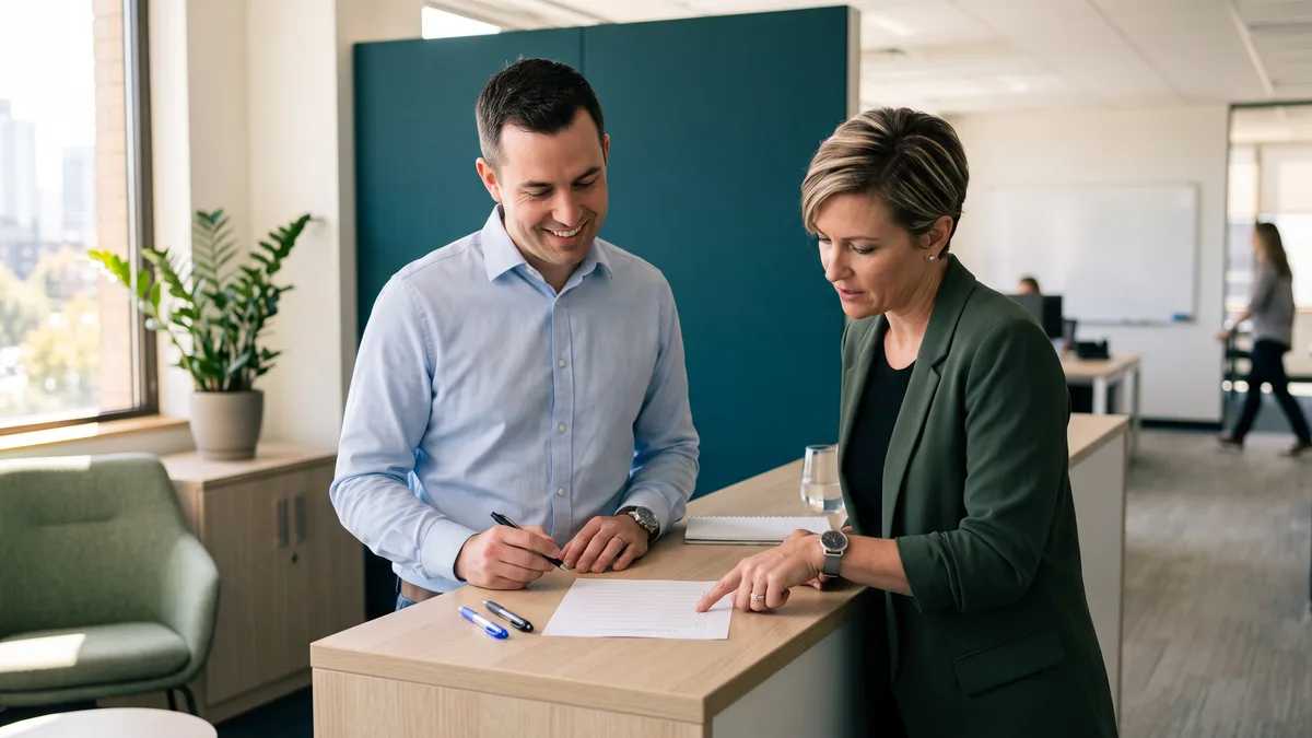 In-house IT manager and outside engineer reviewing a printed co-managed IT responsibility split at an office counter
