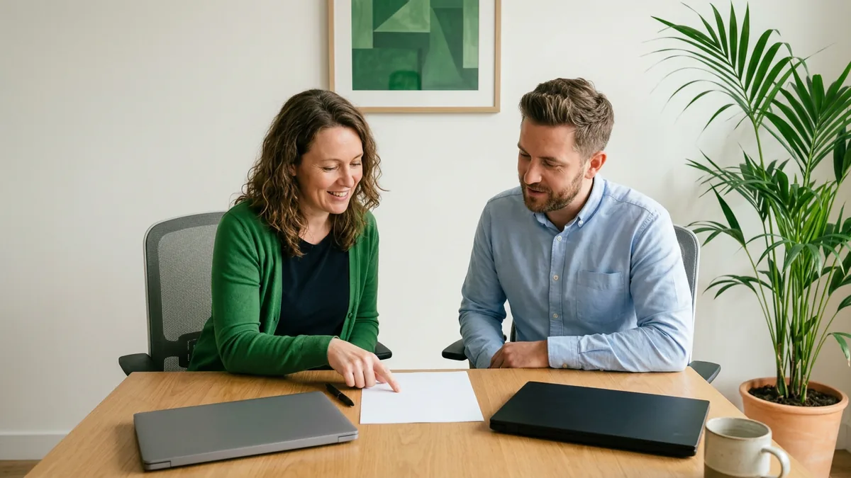 In-house IT manager and outside IT consultant reviewing a printed page together at a conference table with closed laptops
