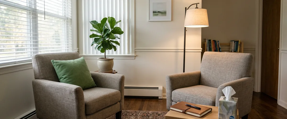 Calm counseling room in a small behavioral health practice with two armchairs, a floor lamp, and a closed notebook on a side table