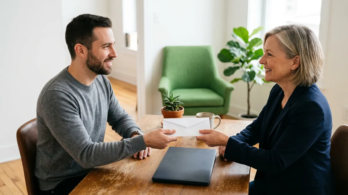 In-house IT staffer handing a sealed envelope to a smiling business owner across an office desk with a closed laptop