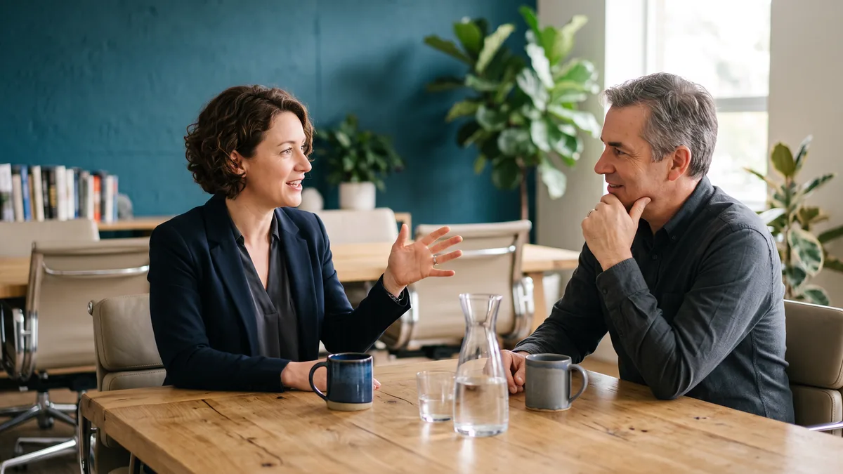 Business owner and IT consultant reviewing the scope section of an IT support contract at a conference table