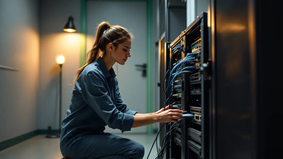 IT engineer routing ethernet cables at a small network rack during an onsite visit