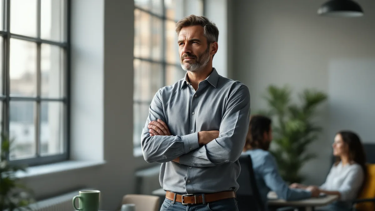 Office manager standing with folded arms waiting for an IT support ticket to be acknowledged