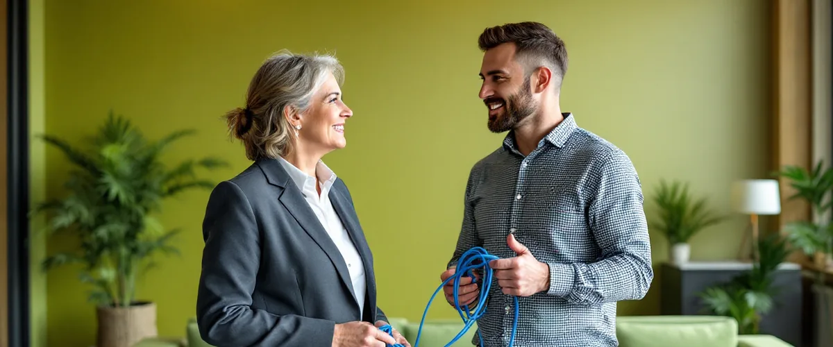 Business owner and IT technician discussing IT support response time expectations in a Rockland office