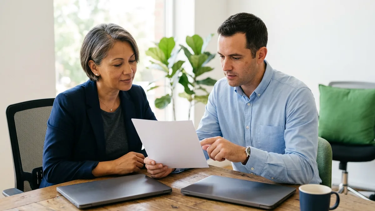 Business owner and IT consultant reviewing a printed page at a conference table with two identical closed laptops