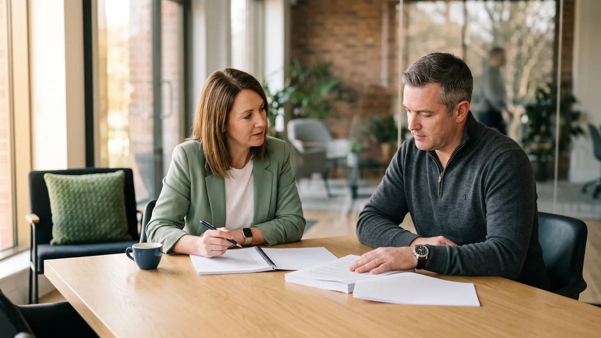 Two colleagues reviewing a printed vendor support policy for a line-of-business application