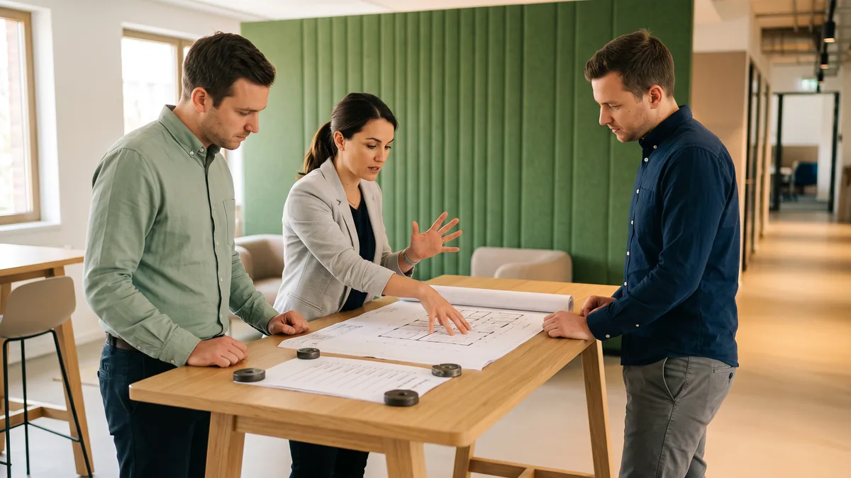 Team planning a line-of-business application cloud migration around printed plans and a checklist