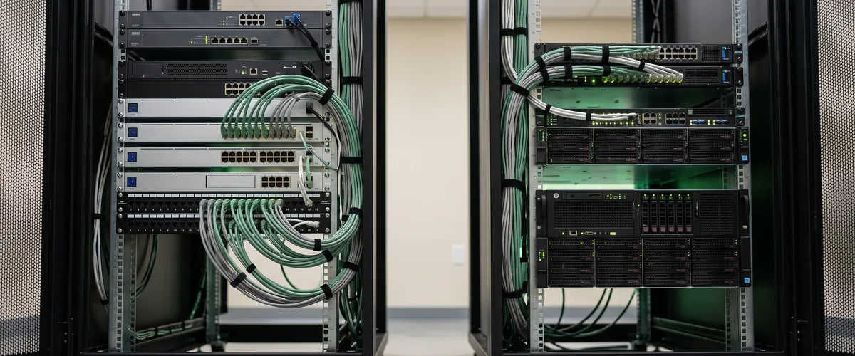 Server racks with network cabling housing line-of-business applications before a cloud migration